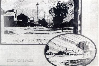 Artist's impression of buildings at the corner of Whitehorse and Mitcham Roads, Mitcham c1925, with oval section at bottom right.