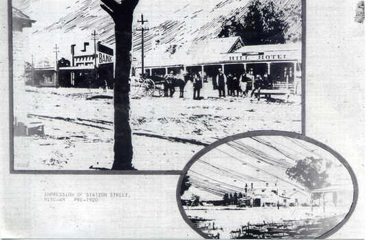 Artist's impression of  Station Street, Mitcham pre-1920 with oval section at bottom right