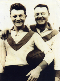 Bob Pratt Snr (on right) with son, Bob Jnr., on the occasion of Bob Jnr's recruitment to South Melbourne under 18
