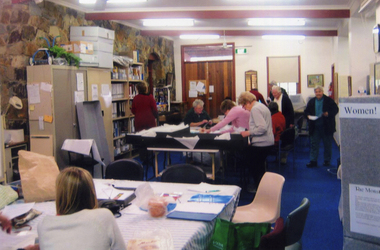 Whitehorse Historical Society members in the Local History Room at a Costume Working Bee in August 2008.