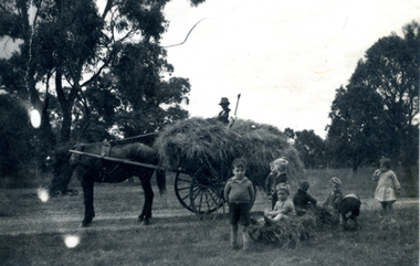  Horse drawn cart full of hay with a man sitting on top. Six children in the foreground.