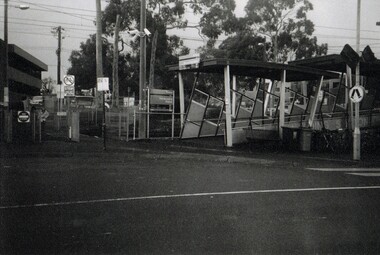 Black & white photograph of he precinct surrounding the Nunawading Station and the Springvale Road Railway crossing. 