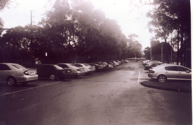 Black & white photograph of he precinct surrounding the Nunawading Station and the Springvale Road Railway crossing