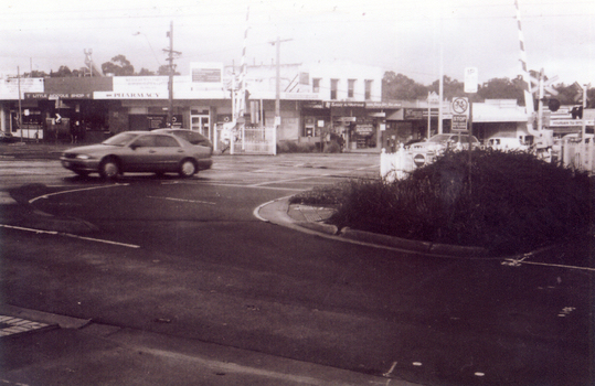 Black & white photograph of he precinct surrounding the Nunawading Station and the Springvale Road Railway crossing.