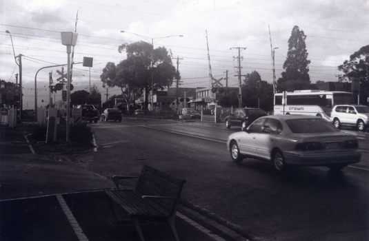 Black & white photograph of the precinct surrounding the Nunawading Station and the Springvale Road Railway crossing. 