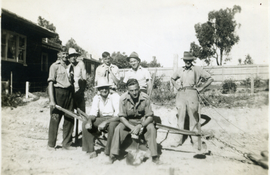 Members of a working bee c1947 making their tennis courts. 