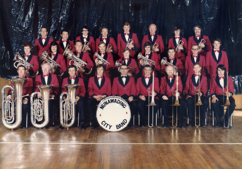  Nunawading City Band (date unknown -established 1969-70)showing the 26 members in their red and black jackets and red tie with their band instruments.