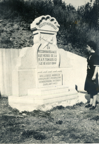 white tombstone with a patterned curved top with carved aero plane on front with a French inscription. 