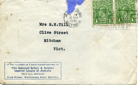 Military hospital ward WW1. An accompanier envelope addressed to MRS S.N. Till, Clive St, Mitcham, Vic. Franked at Melbourne 13 March 1931