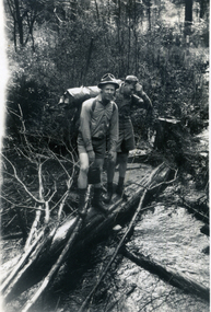 Two men standing on a log bridge over a stream. 