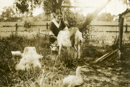 Woman with a goat and a duck in a farm setting. 