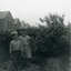 Print of two young boys standing in a vegetable garden 1956
