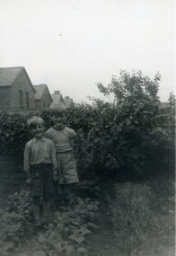 Print of two young boys standing in a vegetable garden 1956