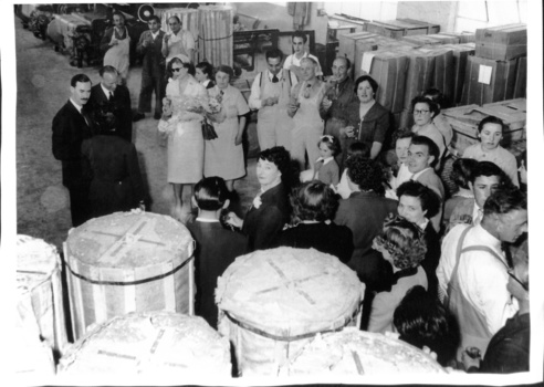 Photograph of Roger de Stoop showing the Prince and Princess of Luxembourg around his Blackburn North textile 