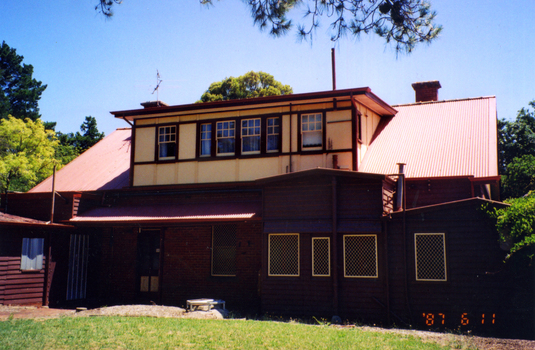 coloured photographs (a-h) of the Matheson house and orchard on Springvale Road, East Burwood. House, shed, windmill, old orchard and pine and cyprus in the photographs.