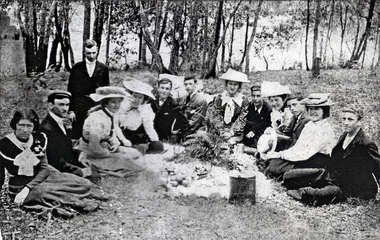 Photocopy of a group, thought to be the Augustine Congregational Church, Auburn, at a picnic at Blackburn Lake in 1901 