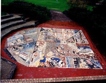 A series of coloured photographs showing school children designing and decorating tiles to be used to pave the Nunawading Amphitheatre in 1995. Each school was given a year to research, design and paint tiles to fit a given shape. 