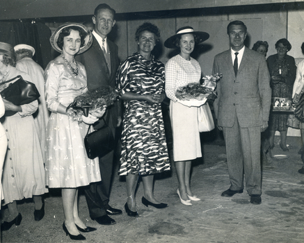 Two men and three ladies at a  function run by the Mayoress to raise money for local associations.