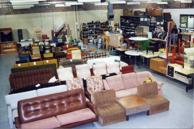interior of the Whitehorse Emergency Relief Network 10-12, Thornton Crescent, Nunawading. Domestic goods shown