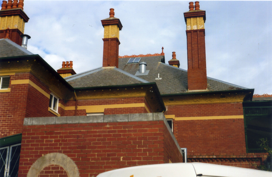Detail on the roof and chimneys at Bundoora Park Homestead, Bundoora