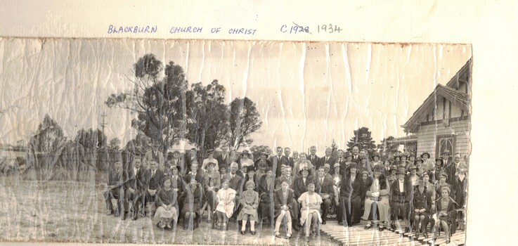 Black and white photograph of the congregation of the Blackburn Church of Christ in 1934. 