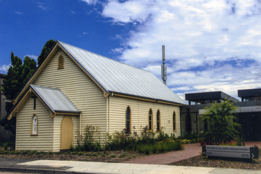 Original Mitcham Anglican Church in Edward street, with the latest church building in the background - 2012