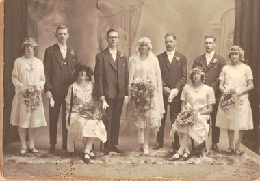 Sepia studio photograph of the wedding of Alfred Ernest Edwards and Doris Gwendoline Hodge in 1926. 