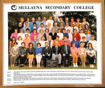 Coloured photograph of the staff of the Mullauna Secondary College staff 1992 - Dunlavin Campus. Taken outside in the school grounds.