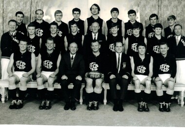 Black and white studio photograph of the East Burwood Football Club team in 1968.