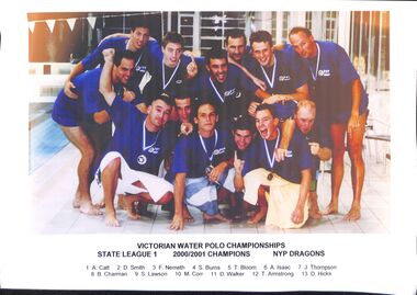Coloured photographs of the 2000/2001 Victorian Water Polo Champions (NYP Dragons). T