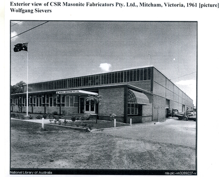 CSR Masonite Fabricators building in Mitcham. Flag flying at left.