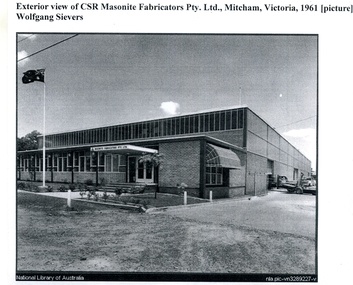 CSR Masonite Fabricators building in Mitcham. Flag flying at left.