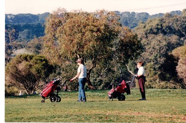 Two coloured photographs of the Morack Golf course. Both photos show two players, one group with red golf bags