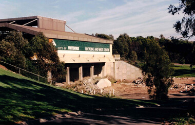 Coloured photograph of the City of Whitehorse Recycling & Waste Centre, rear view. Situated in Vermont South near Dandenong Creek