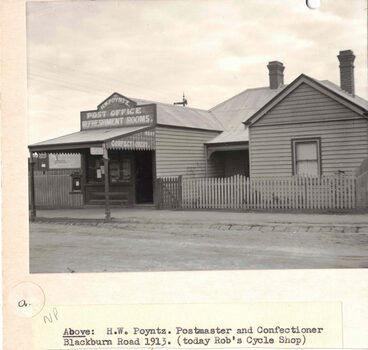 Black and white photo of Postmaster and confectionary store in Blackburn Road