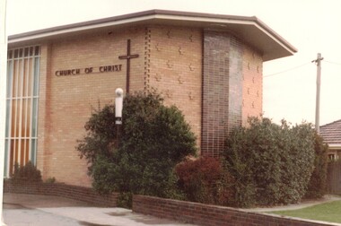 Coloured photo of Church of Christ at present location in Surrey Road, Blackburn.  Built in 1961.