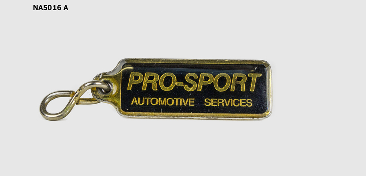 Small oblong badge with key ring attached. 