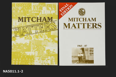 .1  Yellow linen and paper covers.       Mitcham Matters - brown writing front cover,      