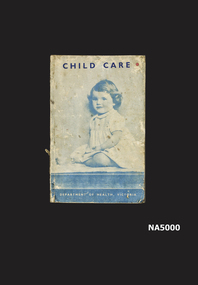 Child care book with a photograph of a small child on front blue border on bottom.