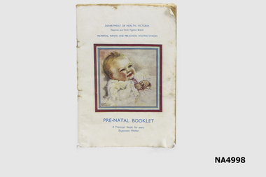 Pre-natal booklet with a coloured drawing on the cover of a baby by Betty Paterson.
