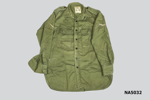 Khaki Army shirt with patch pockets and long sleeves.