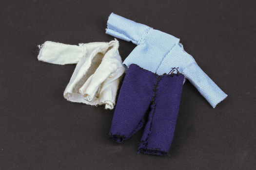 Two cotton jackets - one blue, one white; black cotton trousers