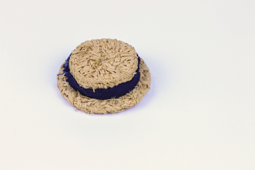 Hat: straw boater, raffia with blue wool band
