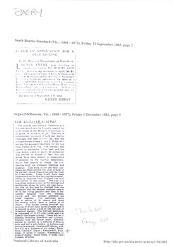 Articles extracted from South Bourke Standard (Vic. : 1861 -1873 Argus (Vic. : 1861 - 1873), Friday 22 September 1865, page 2)  and from Argue ( Melbourne, Vic. : 1848 - 1957), Friday 1 December 1882, Page 9