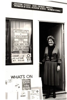 Black and white  photograph of Merle Duncan outside  the Key Information office.