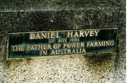 Three black and white photographs of Daniel Harvey's headstone at Box Hill Cemetary.