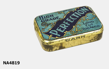 A small blue tin with "Perfection" printed horizontally across the tin