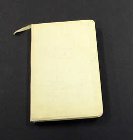Cream leather Bible with title on spine in silver and cream, ribbon page marker attached.