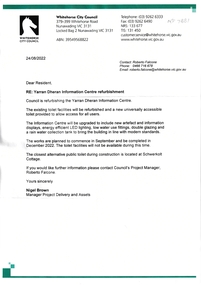 Letter from Whitehorse Council to residents regarding the refurbishing of the Yarran Dheran Information Centre.