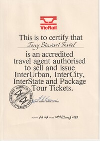 A certificate authorising Tony Stewart Travel to sell tour tickets